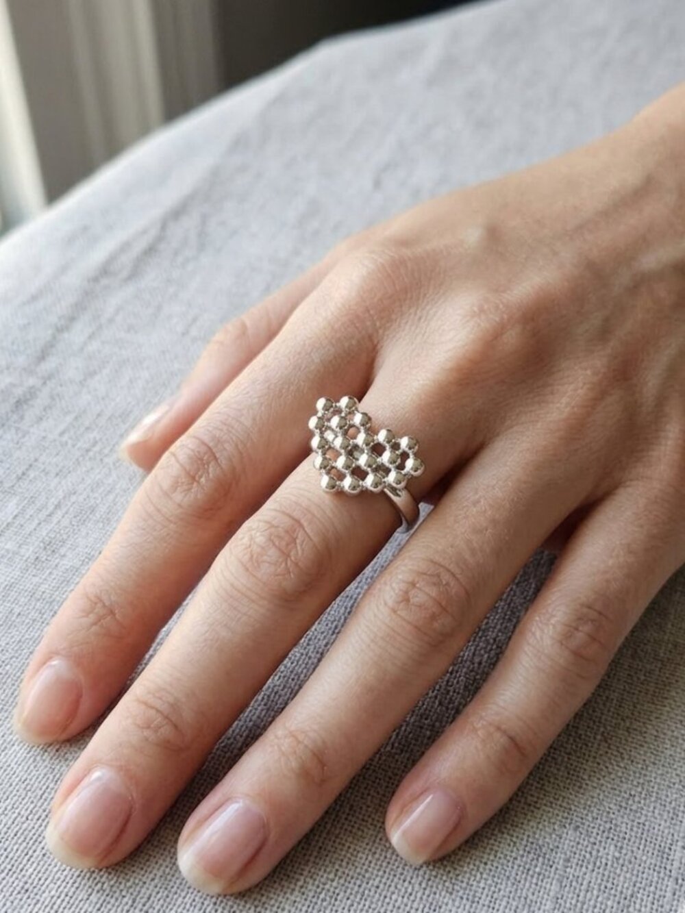 Silver Textured Beaded Heart Ring Adjustable Open Band Statement Jewelry